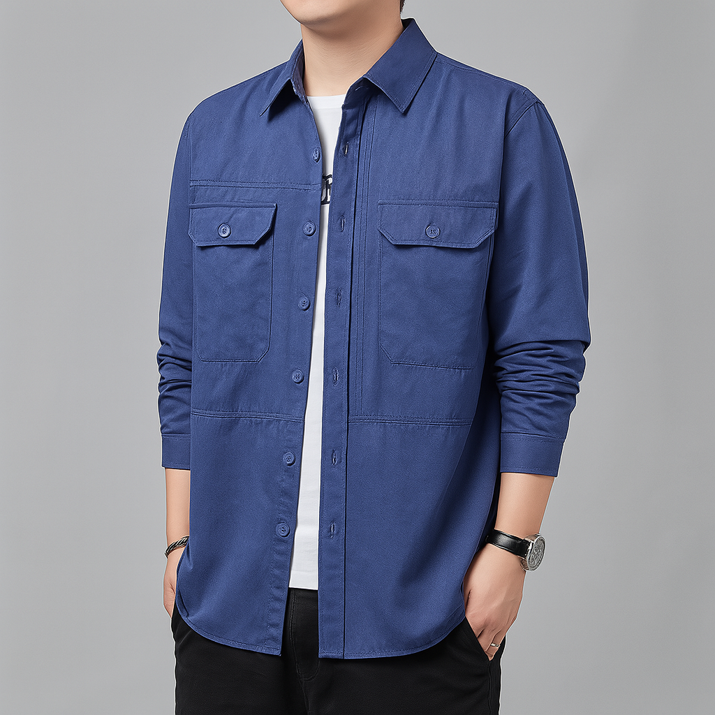 Takao olive utility overshirt in textured cotton blend with slim-regular fit and dual chest pockets
