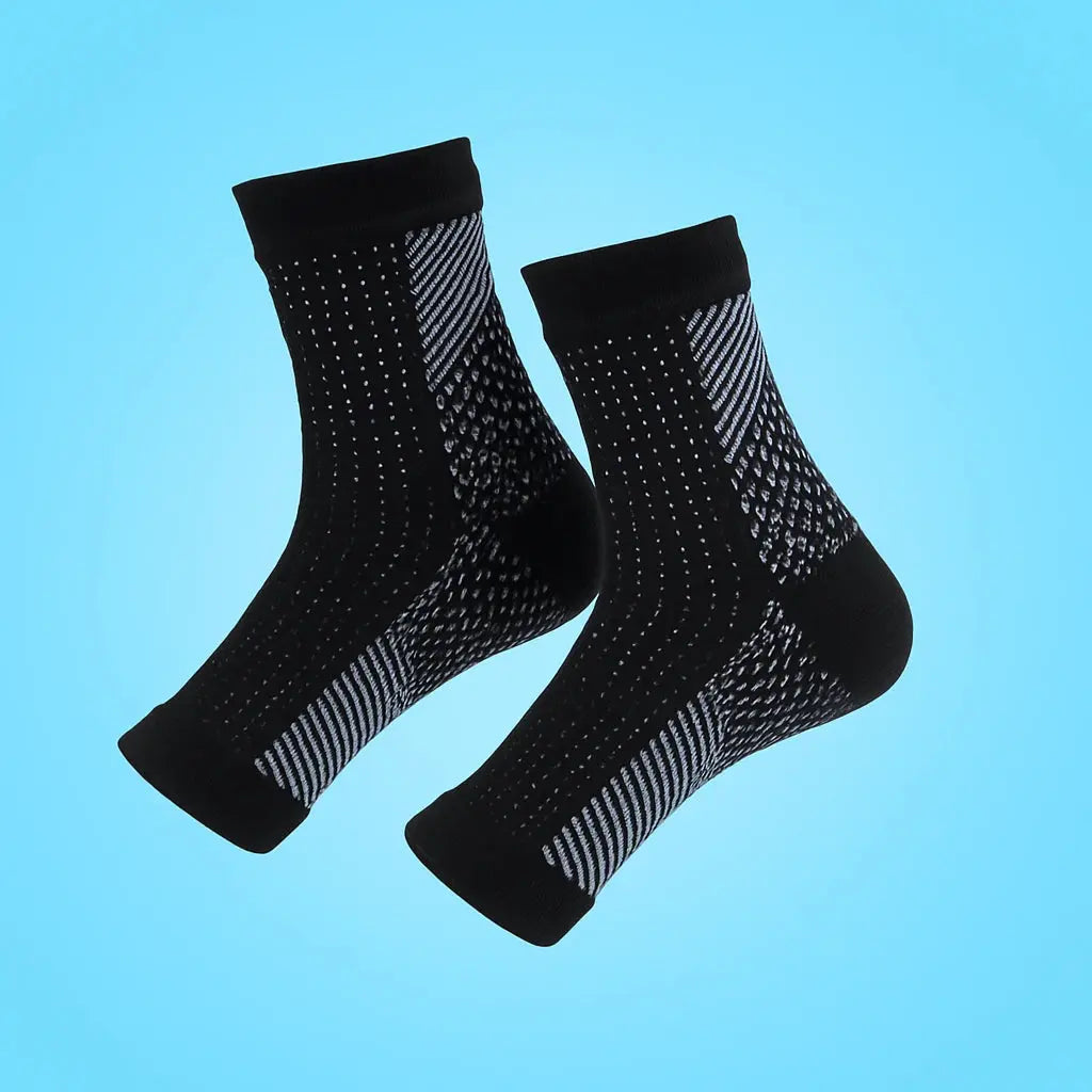 Black nano-fiber supportive socks with 5-zone support and deep cradle heel for plantar fasciitis relief