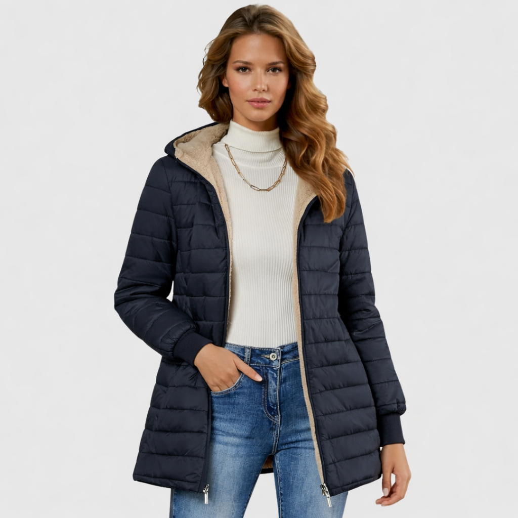 Women's sherpa-lined winter coat structured silhouette plush cozy lining cold weather outerwear