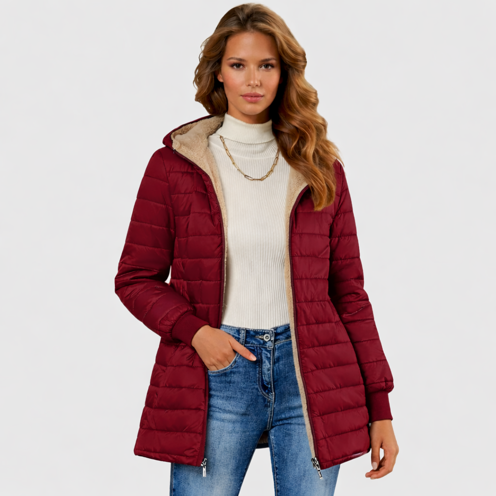 Women's sherpa-lined winter coat structured silhouette plush insulated warmth cold weather outerwear