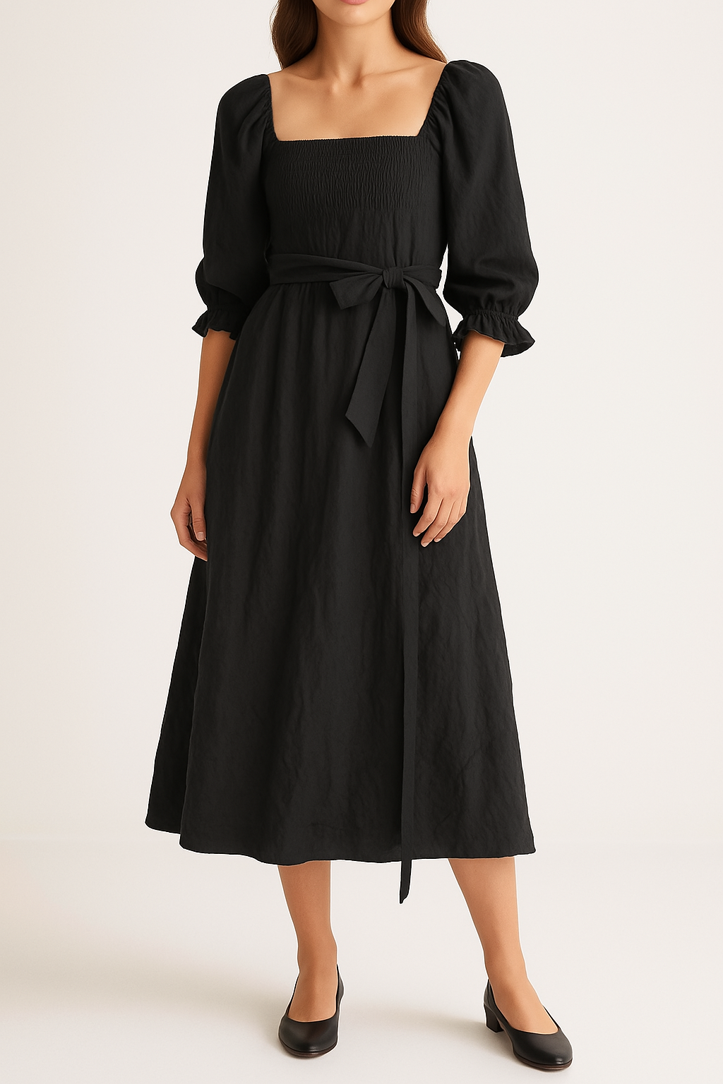 Sage green cotton midi dress smocked bodice puff sleeves A-line reversible waistband