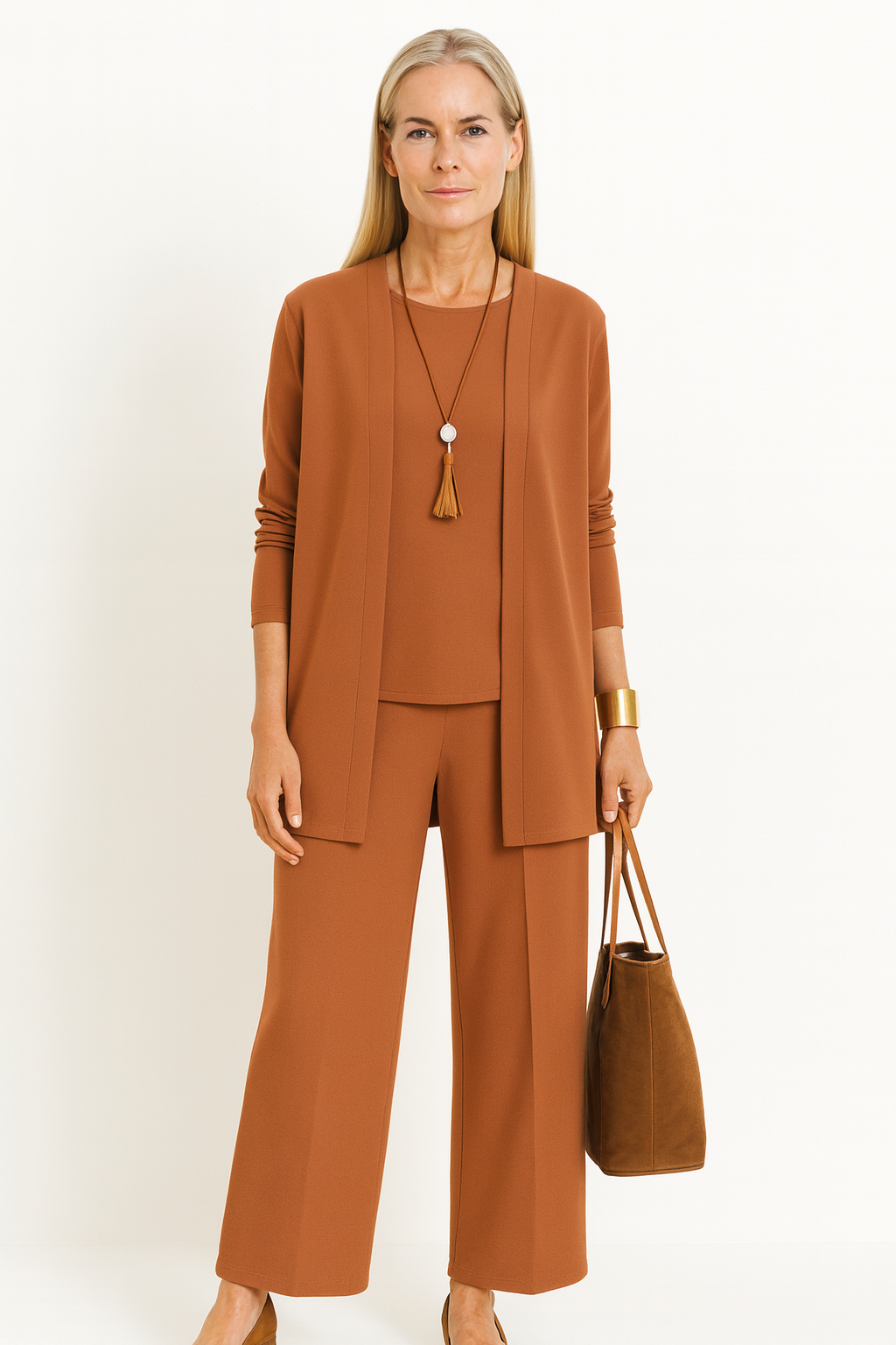 Women's 3-piece coordinated set featuring open-front longline cardigan, tank top & wide-leg pants