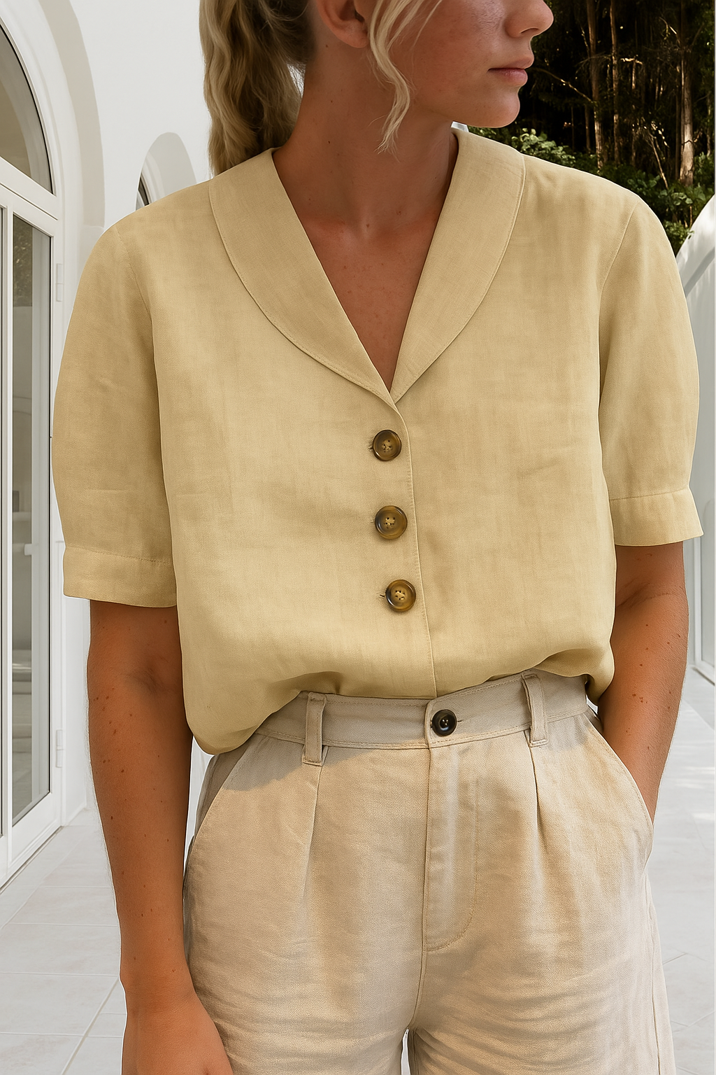 Elegant white wrap neckline blouse with timeless silhouette and breathable lightweight fabric