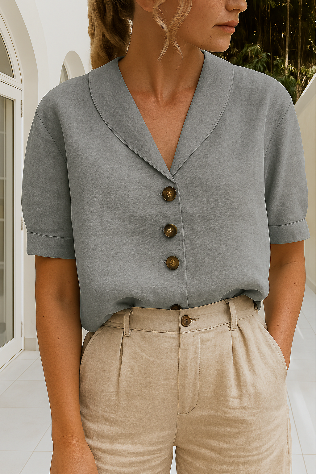Elegant white wrap neckline blouse with timeless silhouette and breathable lightweight fabric