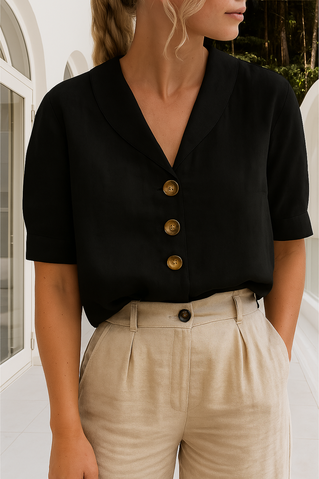 Elegant wrap neckline blouse in timeless shades with breathable lightweight fabric and feminine silhouette