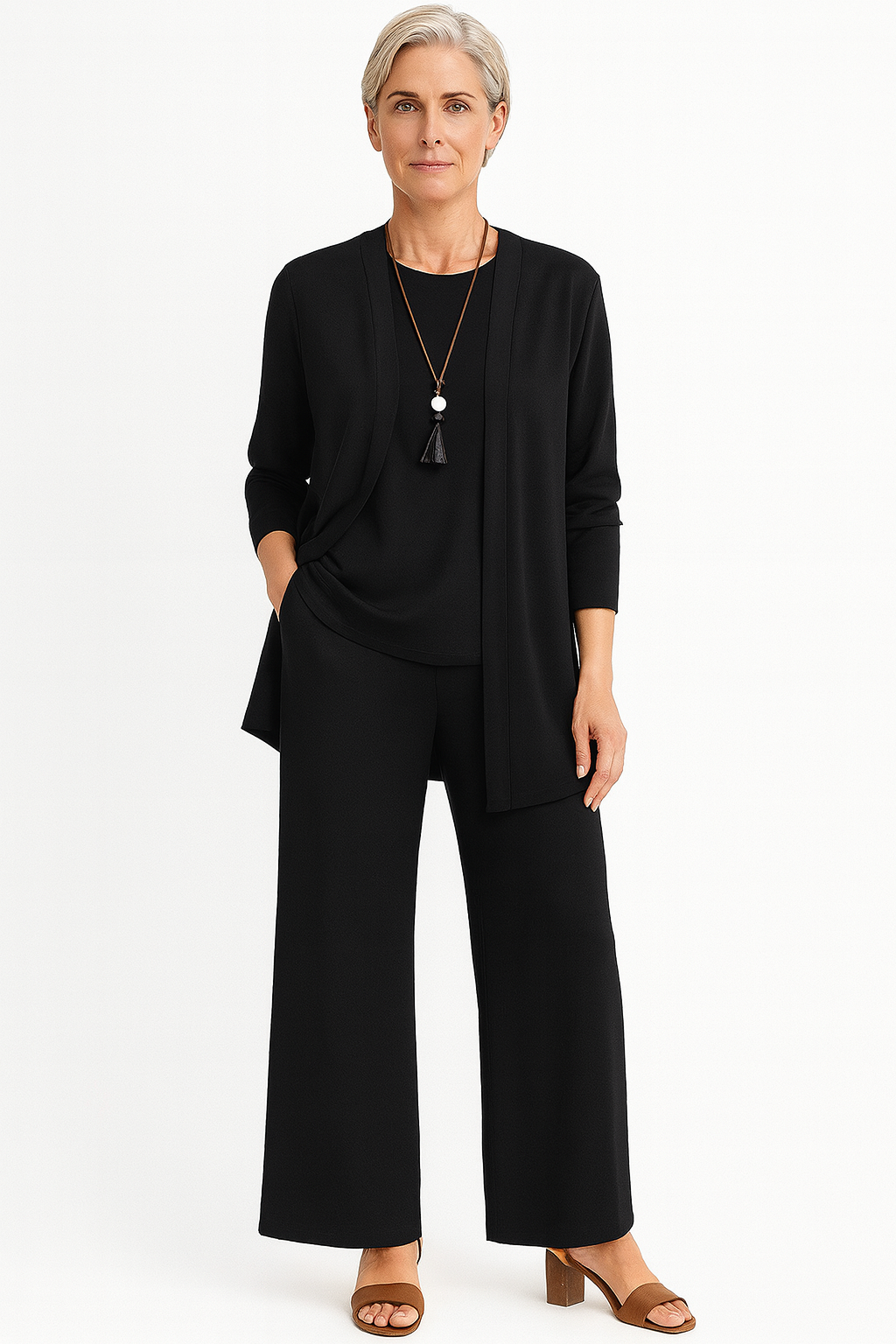 Women's 3-piece cardigan tank top wide leg pants set coordinated outfit with open-front longline cardigan