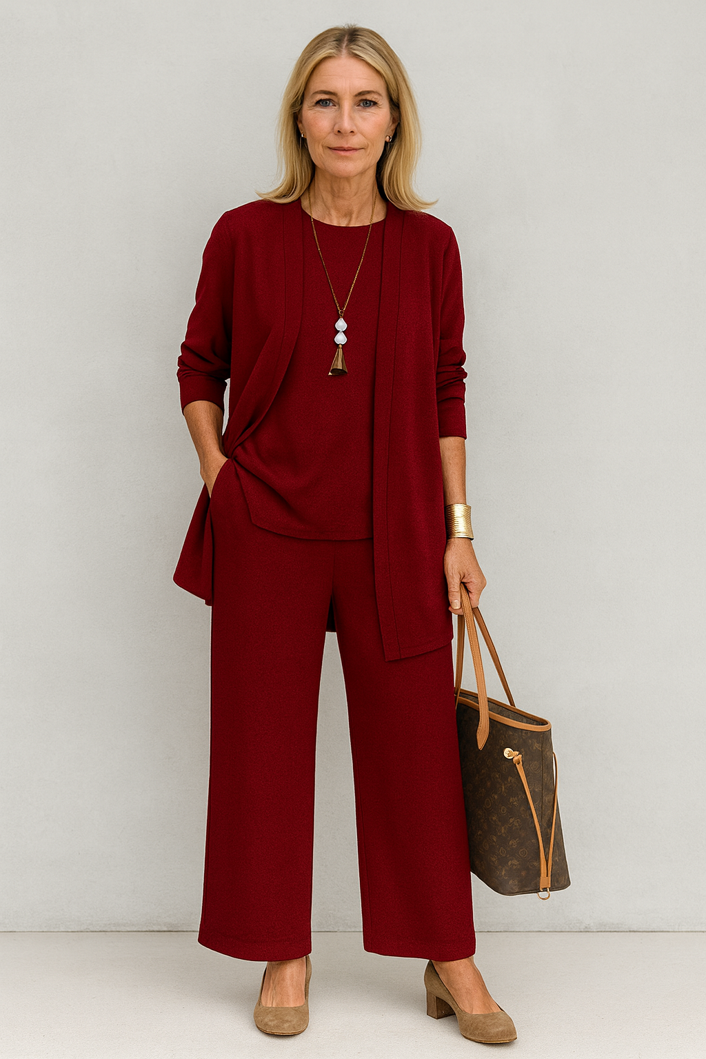 Women's 3-piece coordinated set featuring open-front longline cardigan, tank top & wide-leg pants