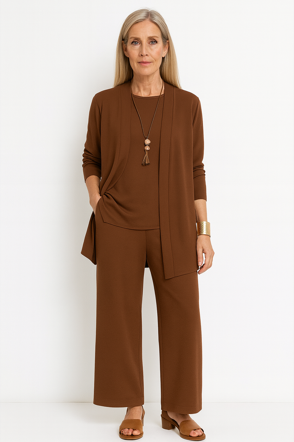 Women's 3-piece cardigan tank and wide-leg pants coordinated set in neutral tones with open-front longline silhouette