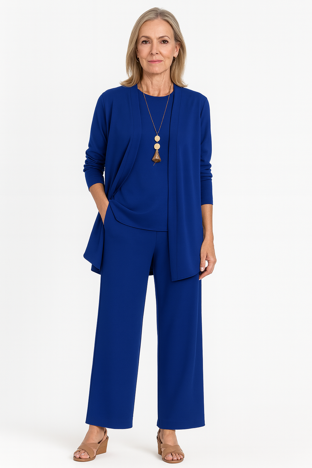 Women's 3-piece coordinated set with open-front longline cardigan, tank top, and wide-leg pants