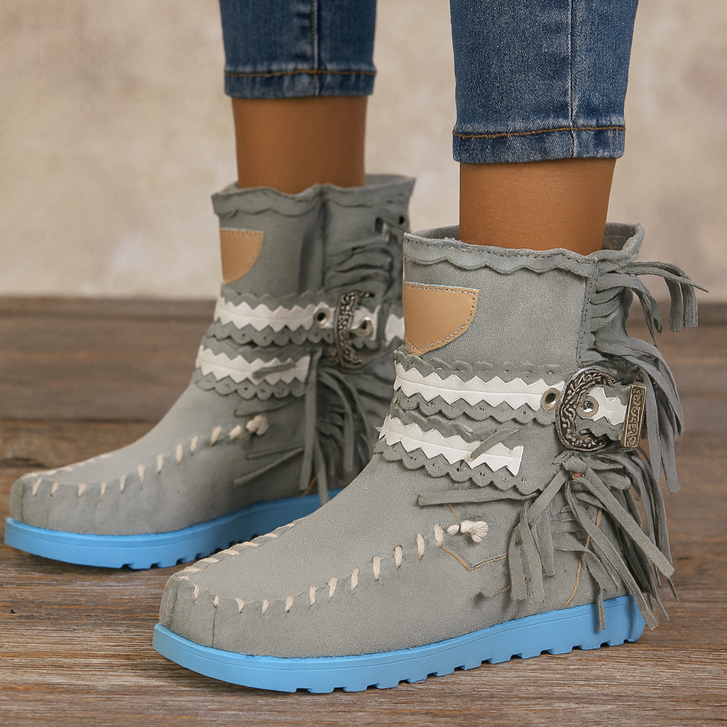 Women's boho western fringe ankle boots in tan suede with eye-catching shaft fringe detail