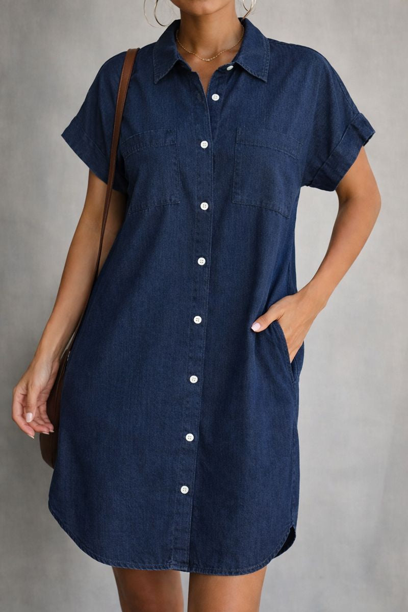 Women's blue denim casual dress with figure-sculpting structured cut for everyday flattering fit