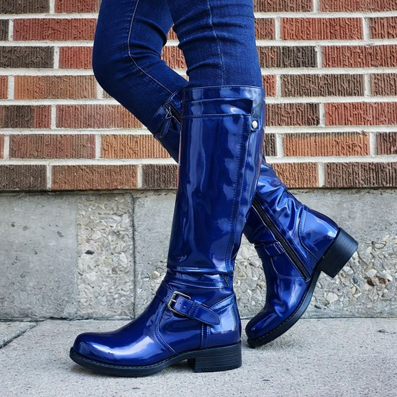 Black round toe knee-high boots with sleek leg-lengthening silhouette for everyday elegance