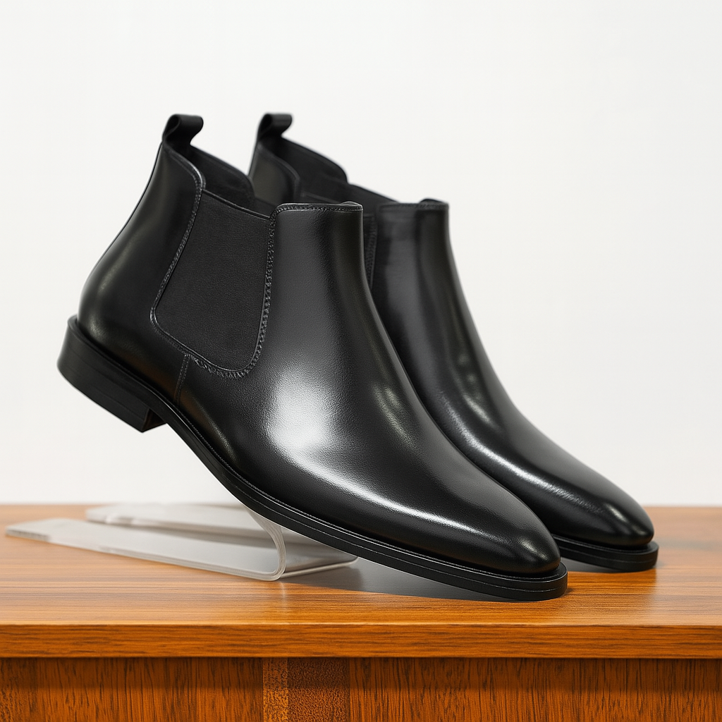 Men's brown vegan leather Chelsea boots with elastic side panels, classic silhouette, modern comfort