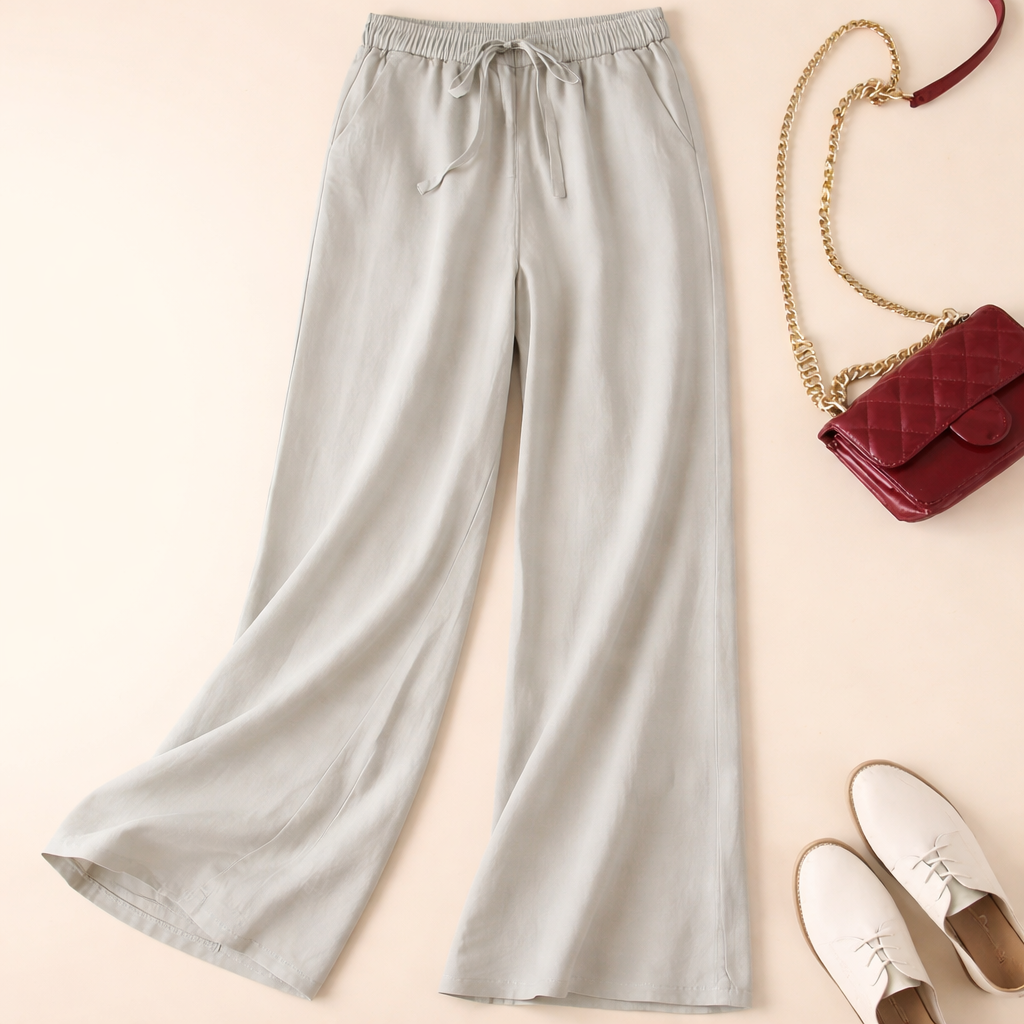 Relaxed drawstring pants in earthy tones with soft drape and breathable fabric for casual wear