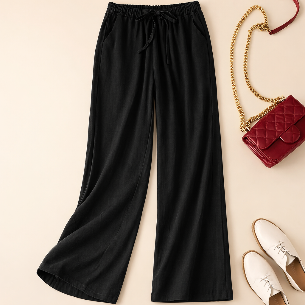 Earthy-toned relaxed drawstring pants with soft drape and breathable fabric for effortless warm-weather style