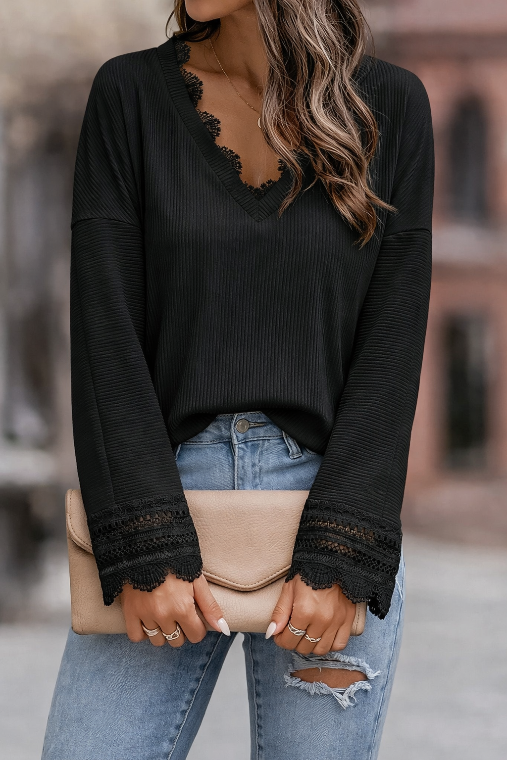 Elegant cream women's sweater with delicate lace detailing, feminine refined style