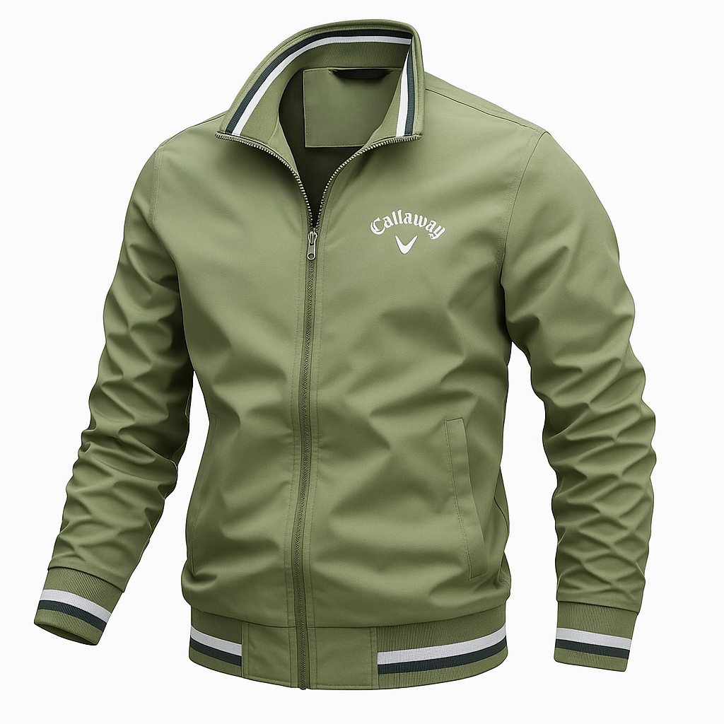 Men's lightweight zip-up sports jacket in neutral tones with ribbed accents and breathable polyester blend