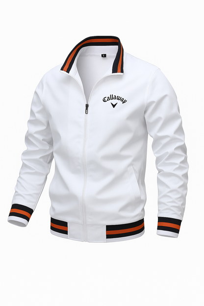 Men's lightweight zip-up sports jacket in neutral tone with ribbed accents and breathable polyester blend