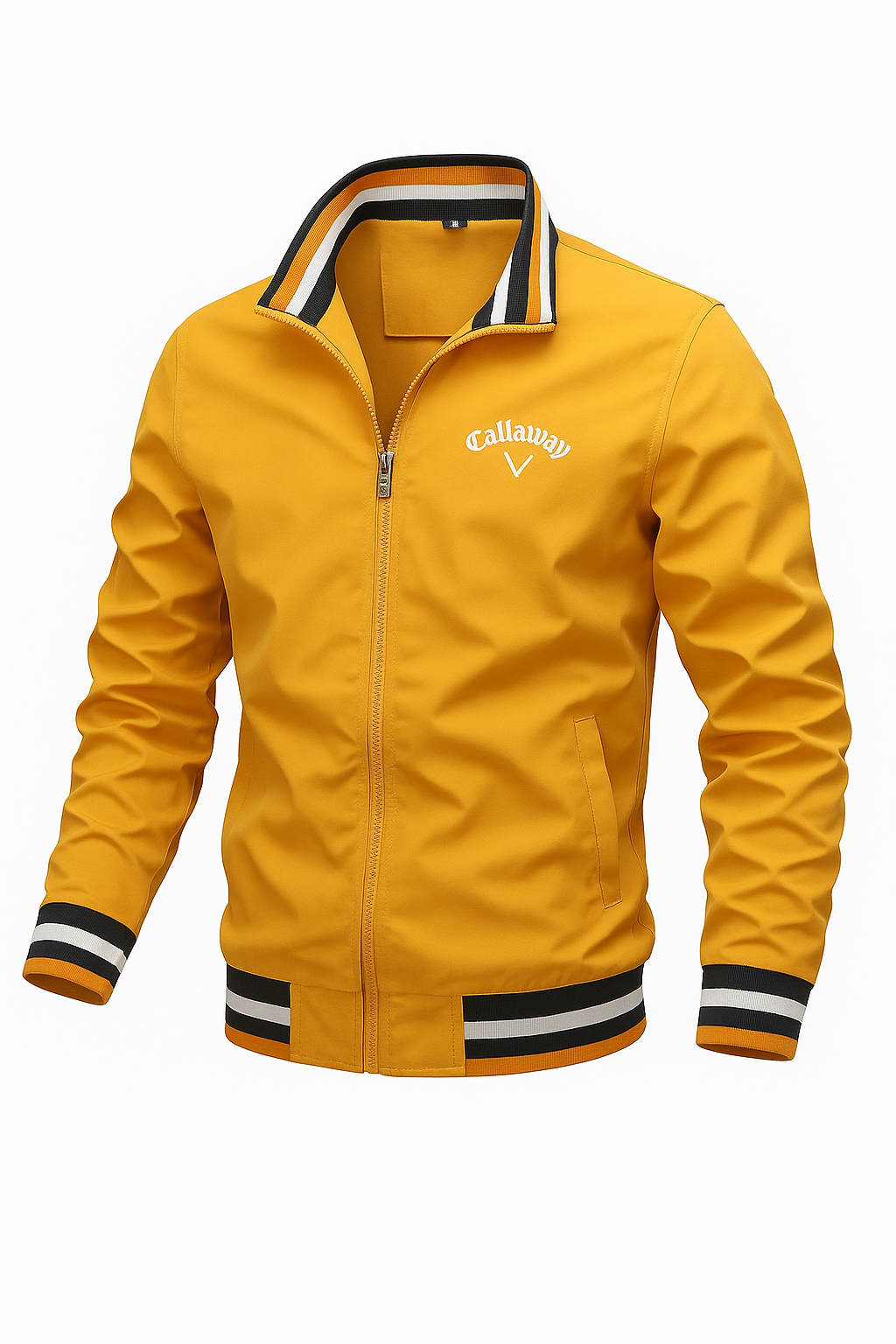 Men's lightweight zip-up sports jacket in neutral tones with ribbed accents and breathable polyester blend