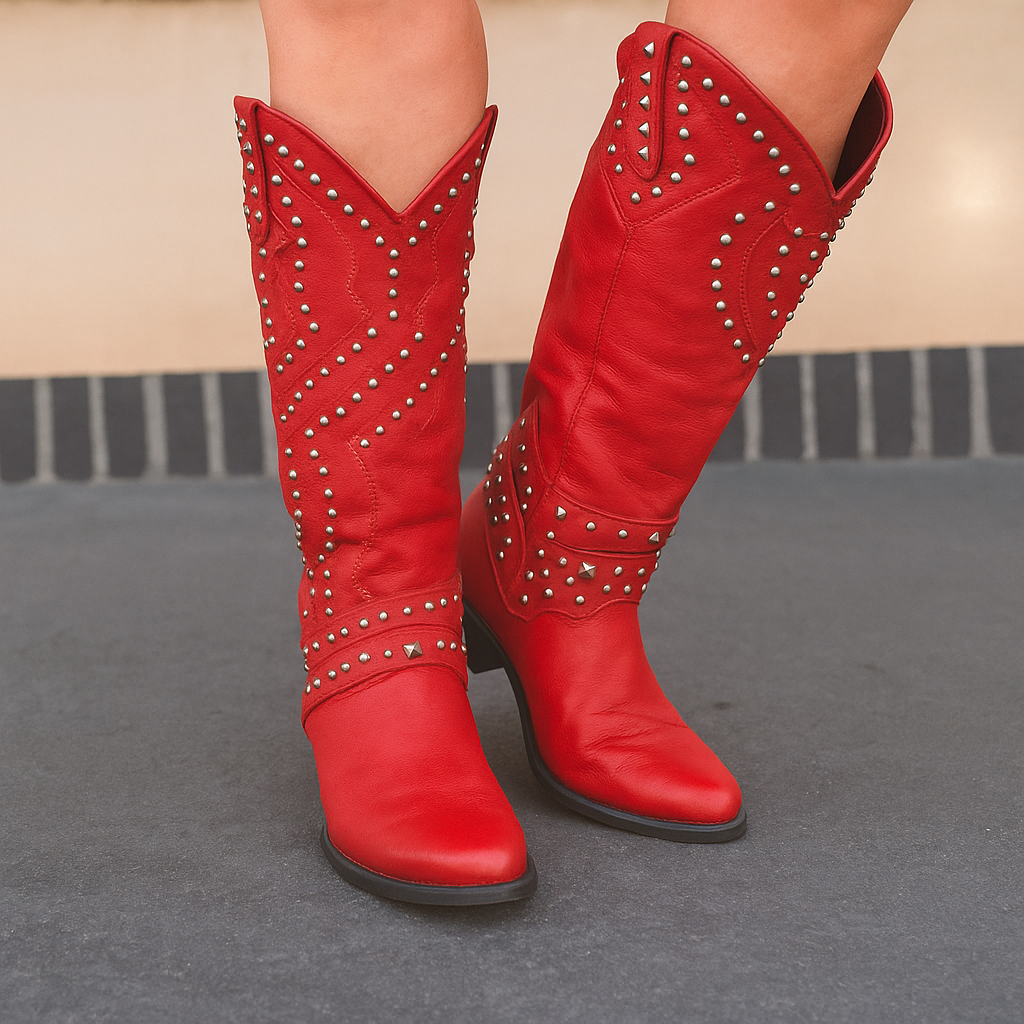 Brown leather Western knee-high boots with classic cowboy stitching and tall elongating silhouette