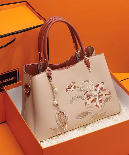 Sac cabas chic en cuir de veau brodé abricot - Wavlynn