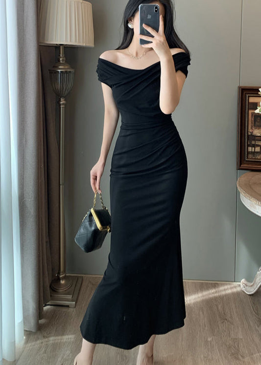 Robe de soirée portefeuille noire chic à épaules dénudées pour l'été - Wavlynn