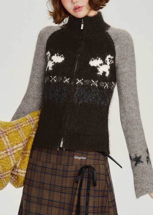 Gilet d'hiver chic noir zippé en maille patchwork - Wavlynn