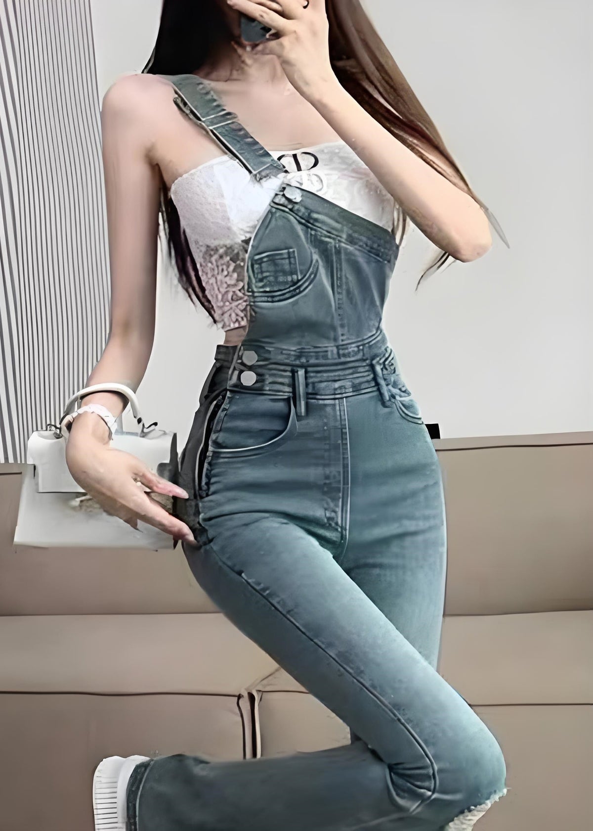 Combinaison évasée en jean déchiré bleu chic avec poches pour l'automne - Wavlynn