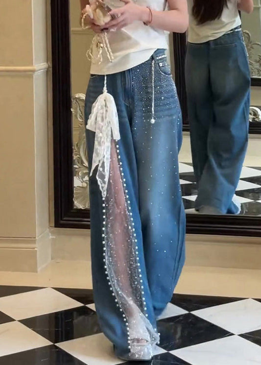Pantalon en jean patchwork en dentelle de zircon bleu chic avec poches pour l'automne - Wavlynn
