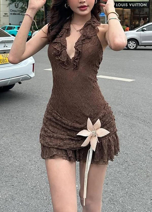 Robe licou chic marron à volants et dentelle patchwork sans manches - Wavlynn