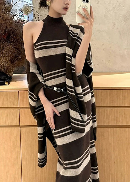Ensemble deux pièces automne chic : cardigan rayé marron et robe pull en maille. - Wavlynn