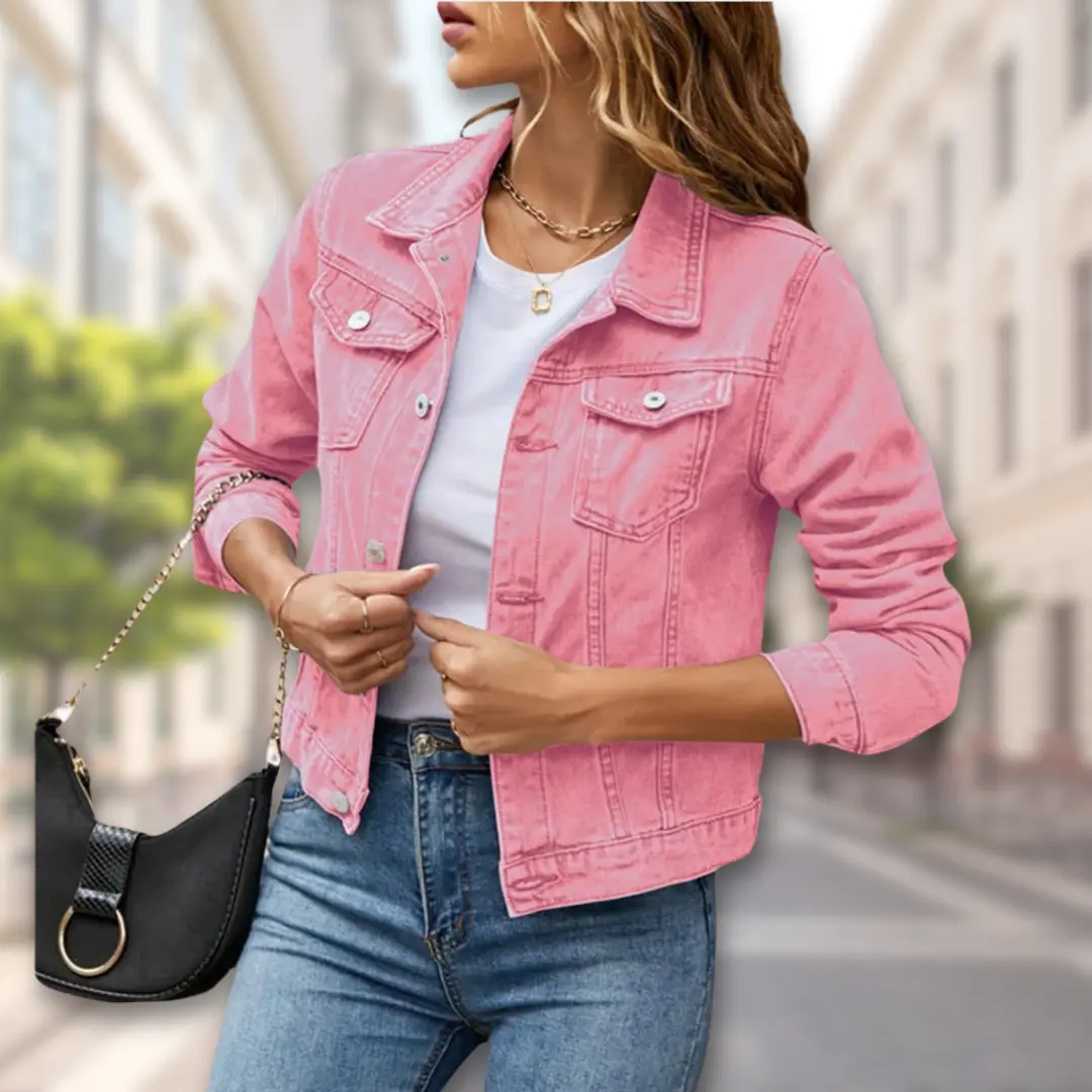 Women's tailored denim button-up jacket in classic blue with structured fit and front closure