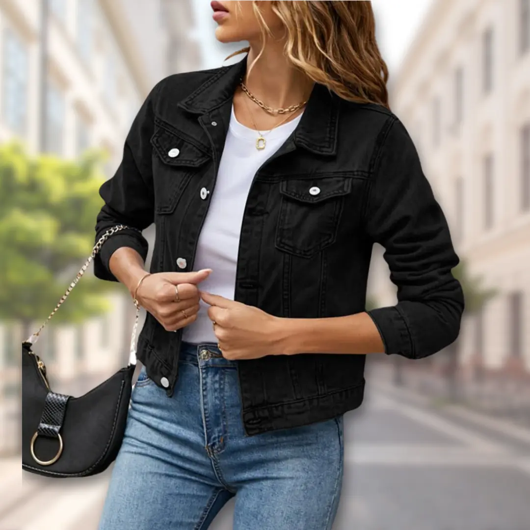 Women's tailored denim button-up jacket in classic blue with structured fit and front closure