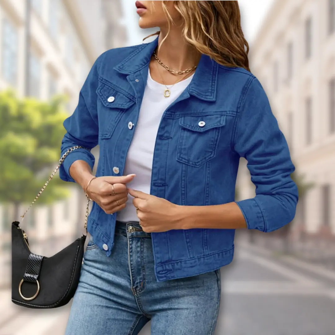 Women's tailored denim button-up jacket in classic blue with structured silhouette and front closure