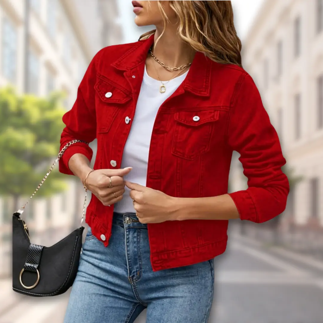 Women's denim button-up jacket tailored fit classic front closure versatile chic style