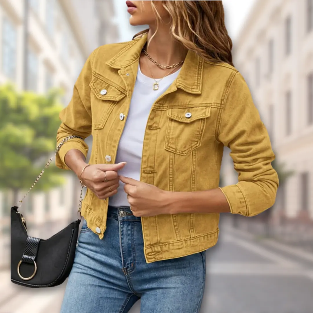 Women's denim button-up jacket tailored fit chic versatile style with classic front closure