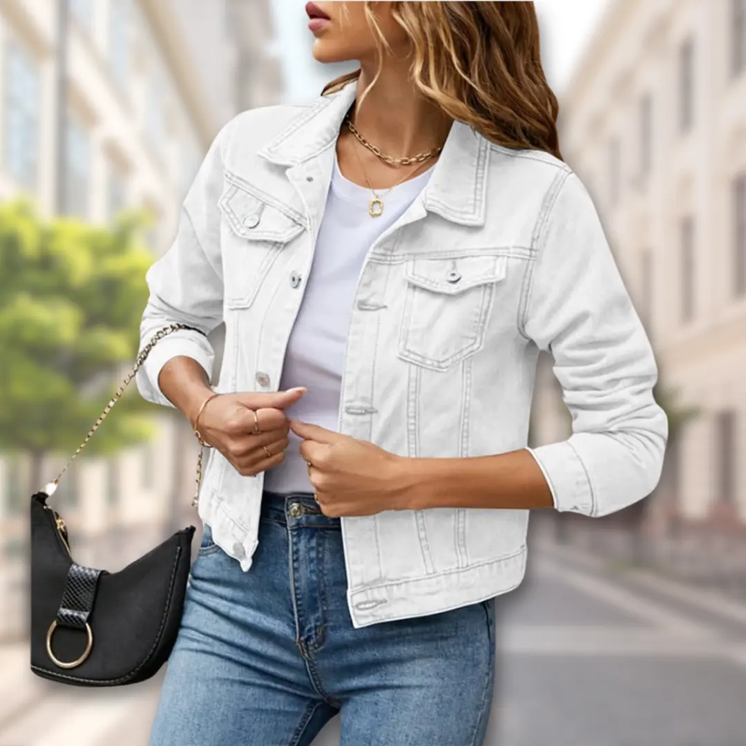 Women's tailored denim button-up jacket in classic blue with structured fit and front closure