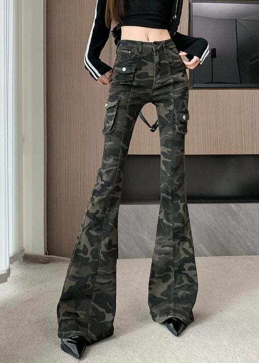 Pantalon évasé en denim vert camouflage chic et ajusté pour l'automne - Wavlynn