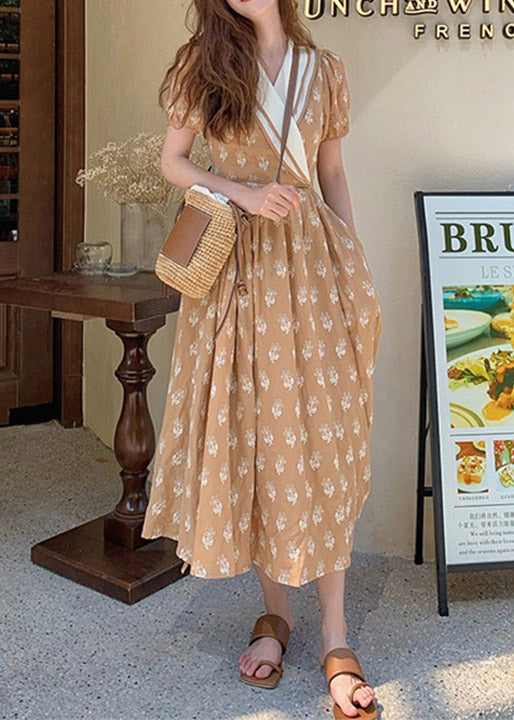 Robe longue en coton froissé imprimé champagne chic à col en V pour l'été - Wavlynn