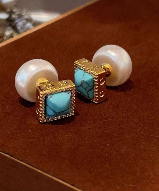 Boucles d'oreilles à tige chics en perles turquoise surdorées en cuivre colorblock - Wavlynn