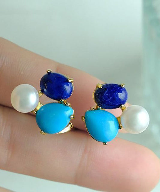 Boucles d'oreilles à tige chics en argent sterling avec perles turquoise surdorées - Wavlynn