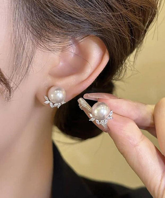 Boucles d'oreilles à tige chics en cuivre et zircon avec perles et feuilles - Wavlynn