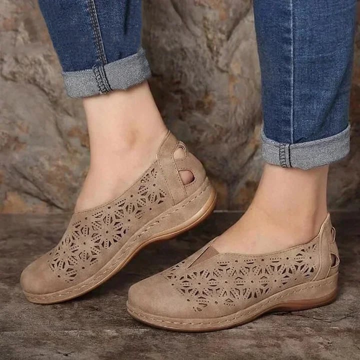 Women's beige slip-on shoes with chic cut-out perforations, breathable upper, effortless elegant style