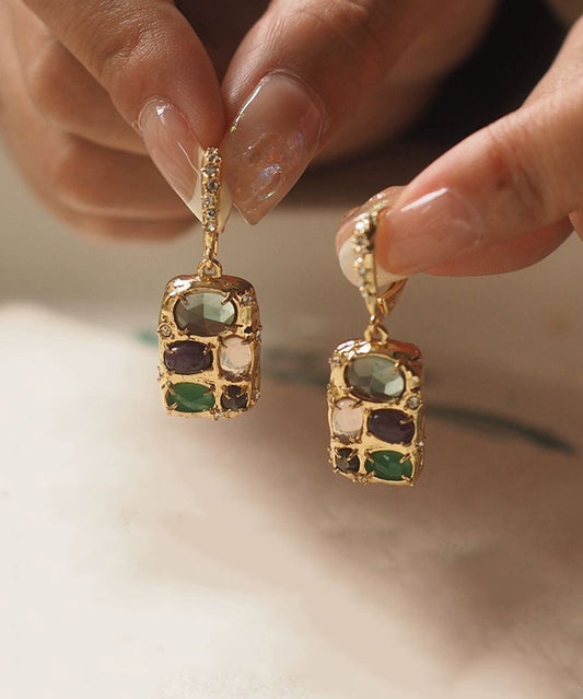 Boucles d'oreilles pendantes chics en or et cuivre doré avec pampilles en pierres précieuses - Wavlynn