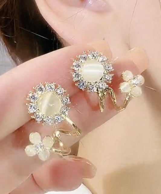 Boucles d'oreilles créoles florales chics en or, cuivre et zircon surdoré, pierre œil de chat - Wavlynn