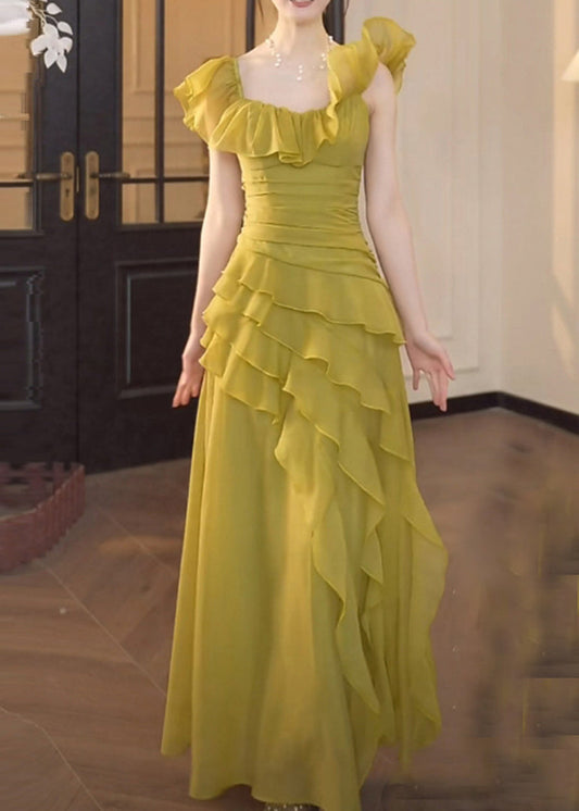 Robe chic en mousseline de soie verte à col carré et volants pour l'été - Wavlynn