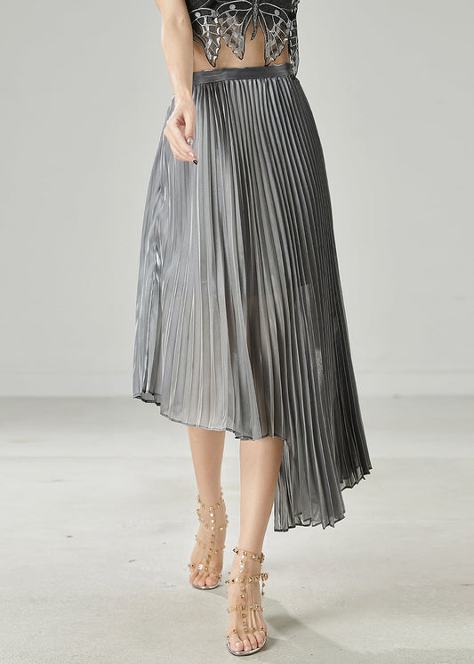 Jupe plissée en mousseline de soie grise chic et asymétrique pour l'été - Wavlynn
