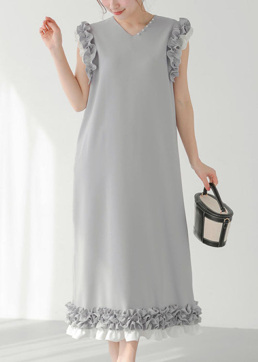 Robe droite chic grise à volants et perles en patchwork, sans manches - Wavlynn