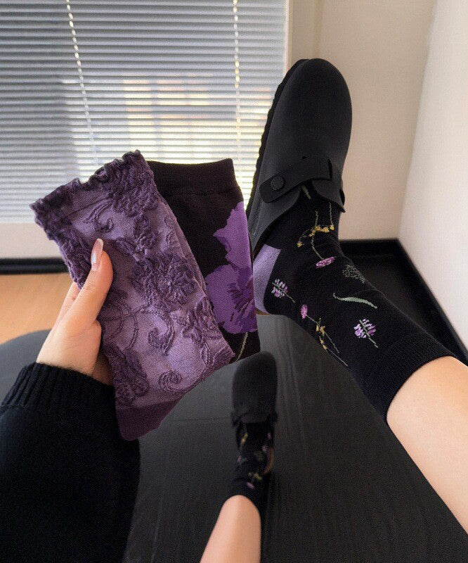 Chaussettes mi-mollet chics en coton jacquard violet - Wavlynn