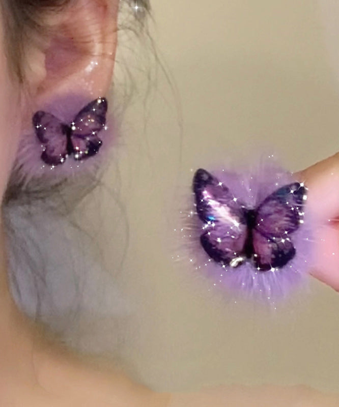 Boucles d'oreilles à tige en argent sterling violet chic et dorées, en fourrure duveteuse et papillon - Wavlynn